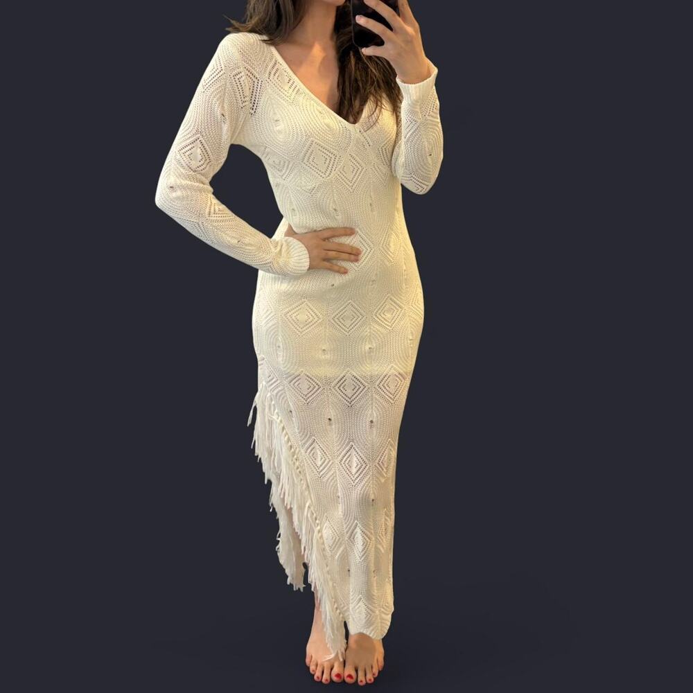 boutique boho White linen blend maxi dress with fringe knit woven